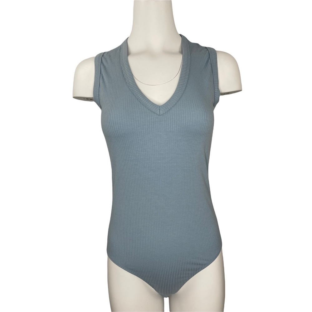 NWT DREW Ribbed V-Neck Tank Bodysuit Blue One Pc Large L
